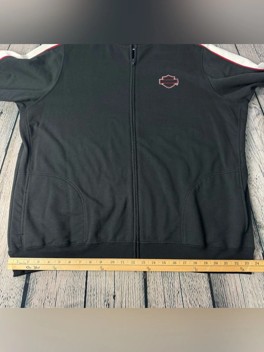 Harley-Davidson Black Track Zip Sweater with White Sleeves and Red Piping - Picture 7 of 13
